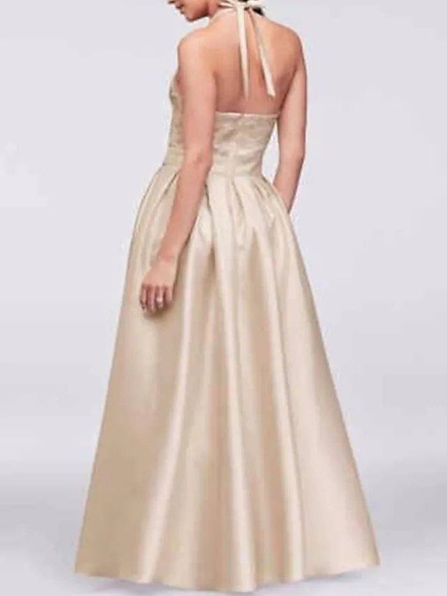 A-Line Mother of the Bride Dress Elegant Halter Neck Asymmetrical Satin Sleeveless with Bow(s) - RongMoon