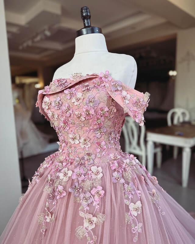 3D Lace Embroidery Off-the-shoulder Ball Gown Dress