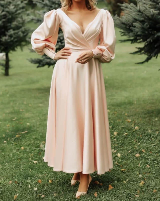 A-line Long Sleeve Midi Satin Dress