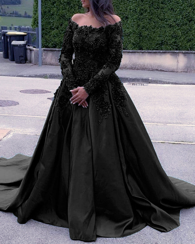 A-line /Princess Long Sleeves Prom Dresses Lace Beaded Off The Shoulder