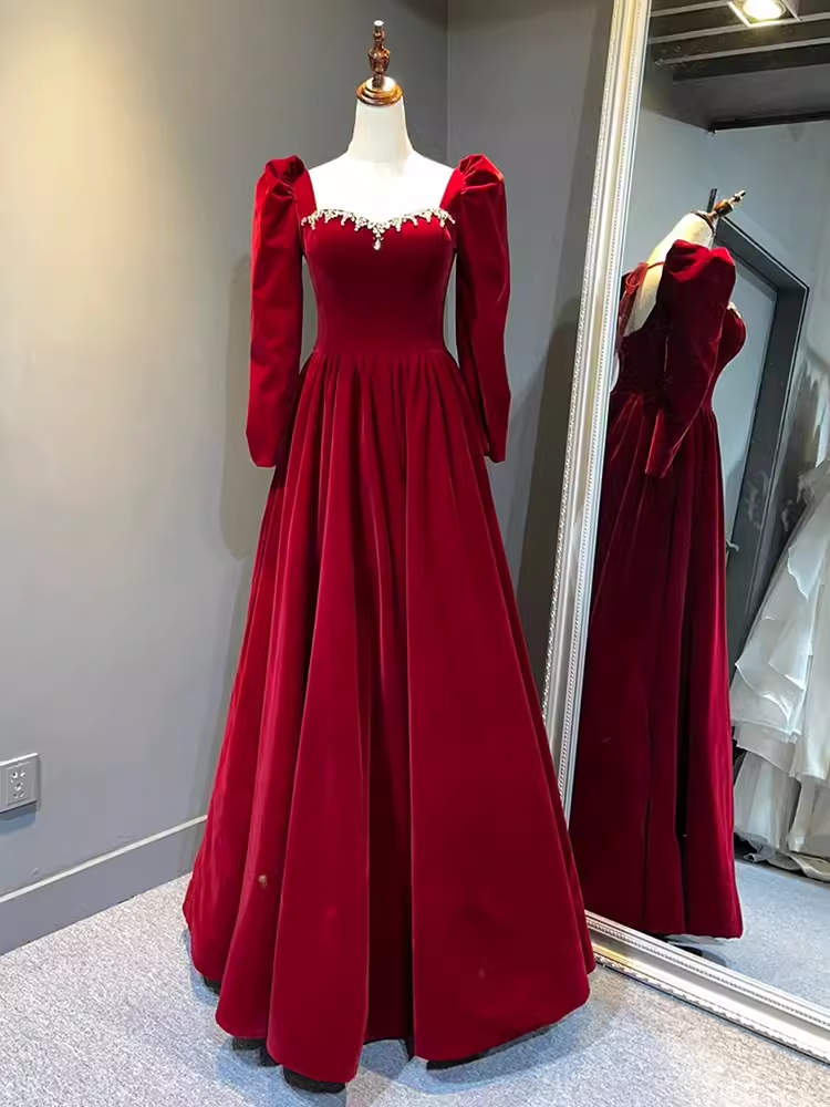 A Line Long Sleeves Red Velvet Prom Dresses P1917