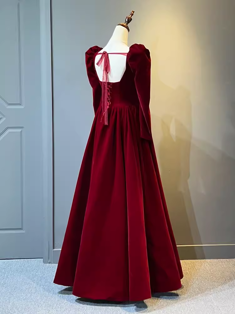 A Line Long Sleeves Red Velvet Prom Dresses P1917