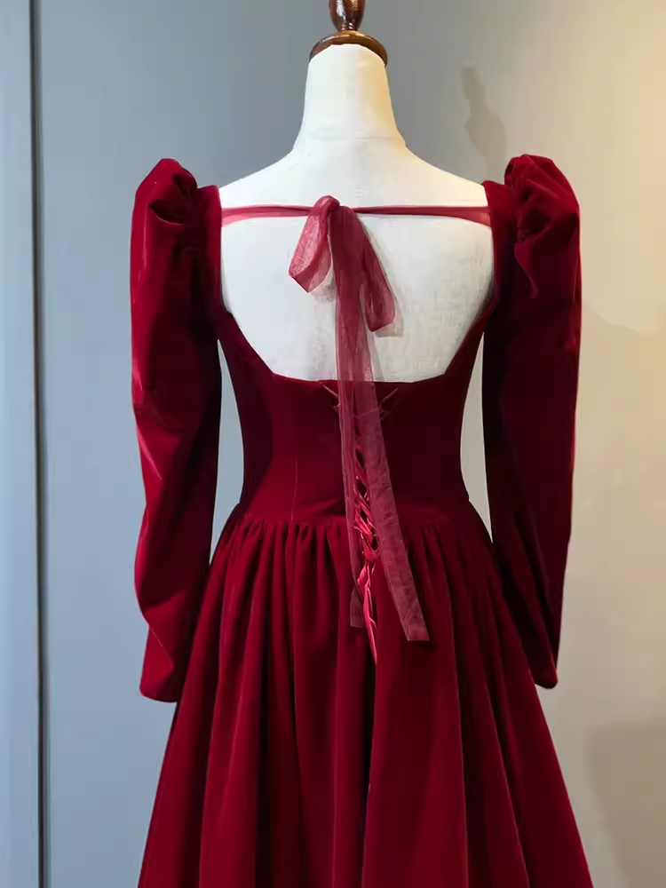 A Line Long Sleeves Red Velvet Prom Dresses P1917