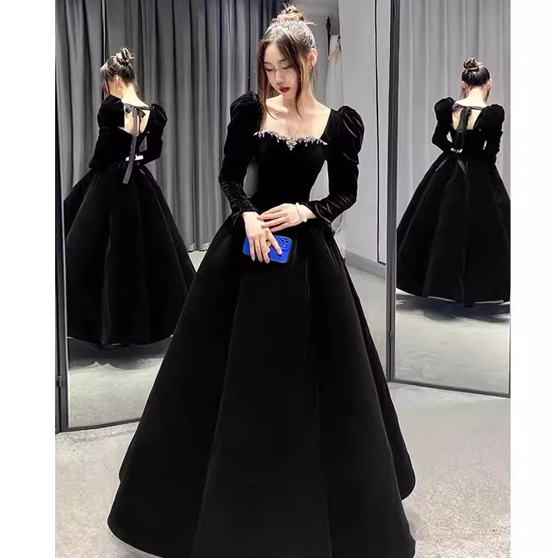 A Line Long Sleeves Black Velvet Prom Dresses P1918