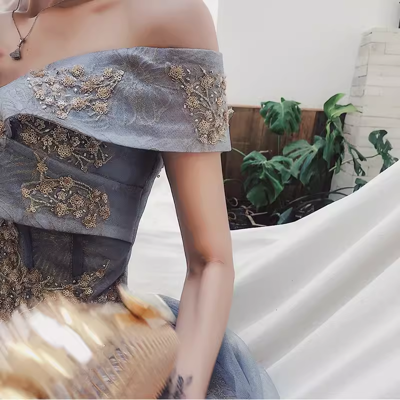 A line Off The Shoulder Gray Prom Dresses Long Evening Dress P2027