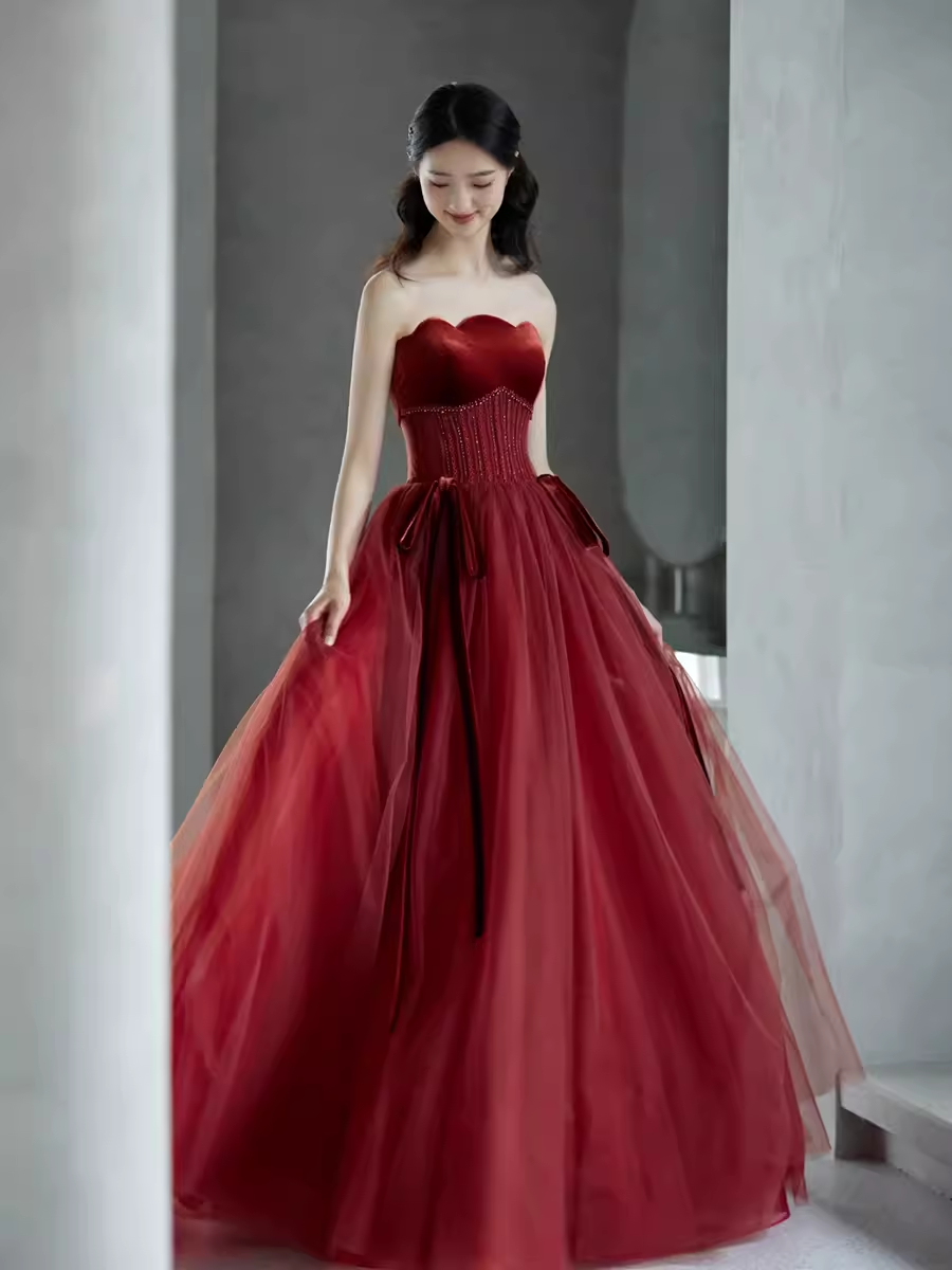 A line Burgundy Strapless Prom Dresses Evening Dress P2157