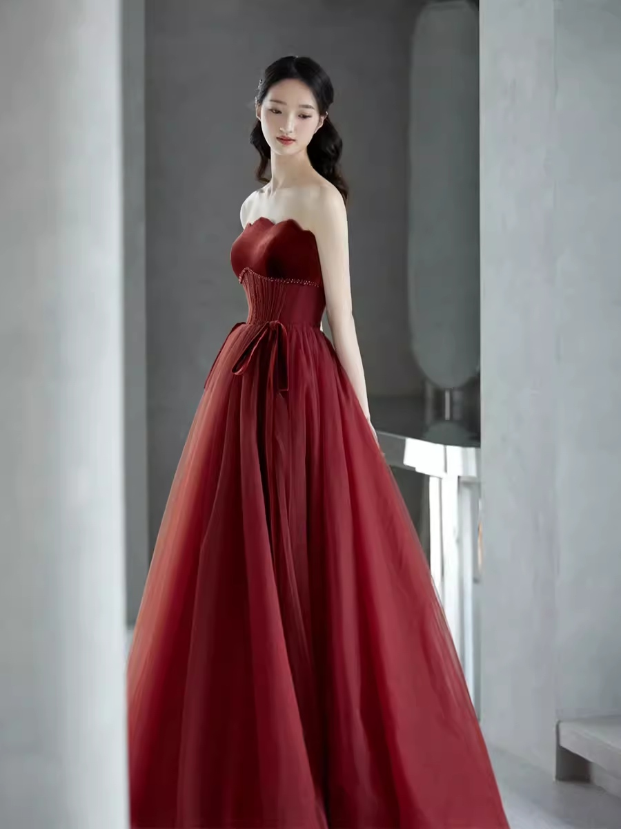 A line Burgundy Strapless Prom Dresses Evening Dress P2157