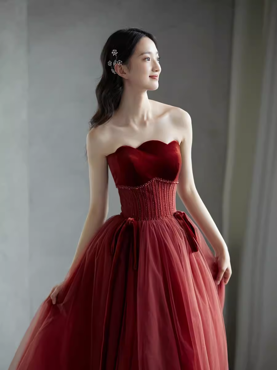 A line Burgundy Strapless Prom Dresses Evening Dress P2157