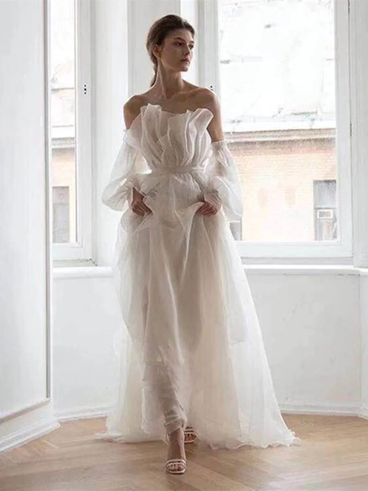 A line White Long Organza Prom Dress Formal Dresses P2202