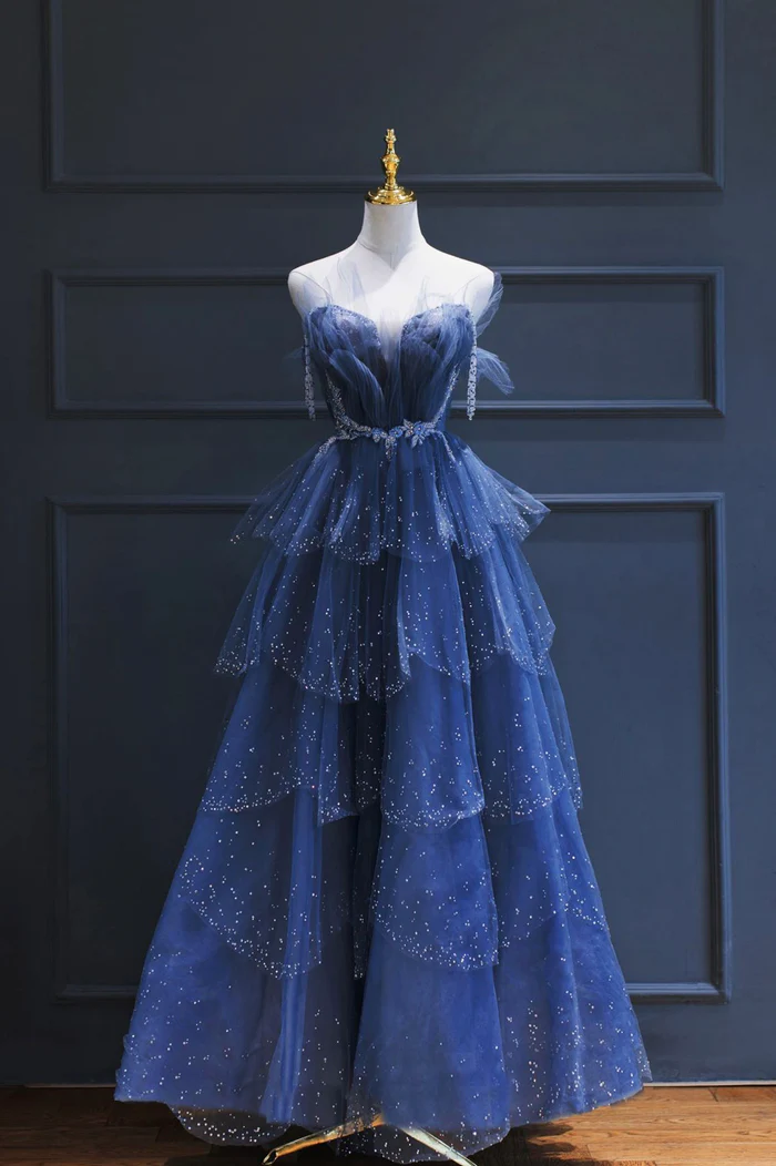 A line Royal Blue Tulle Beaded Long Senior Prom Dress P2206