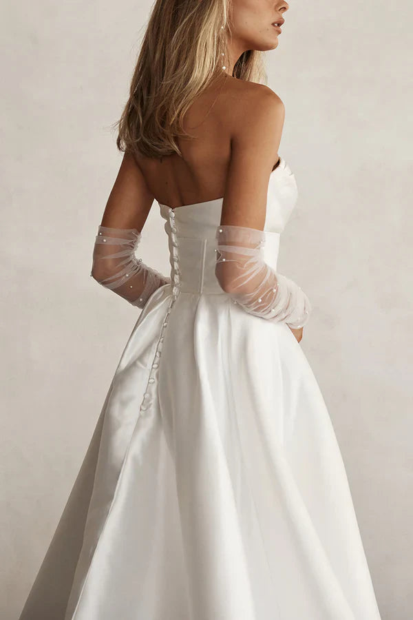 A line sweet satin pleated simple sleeved wedding dress