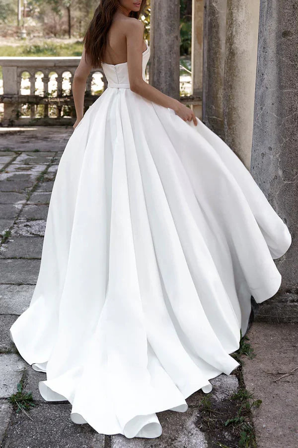 A line Sweetheart White Satin Hall Leisure Wedding Dress Country Style Bridal Dress