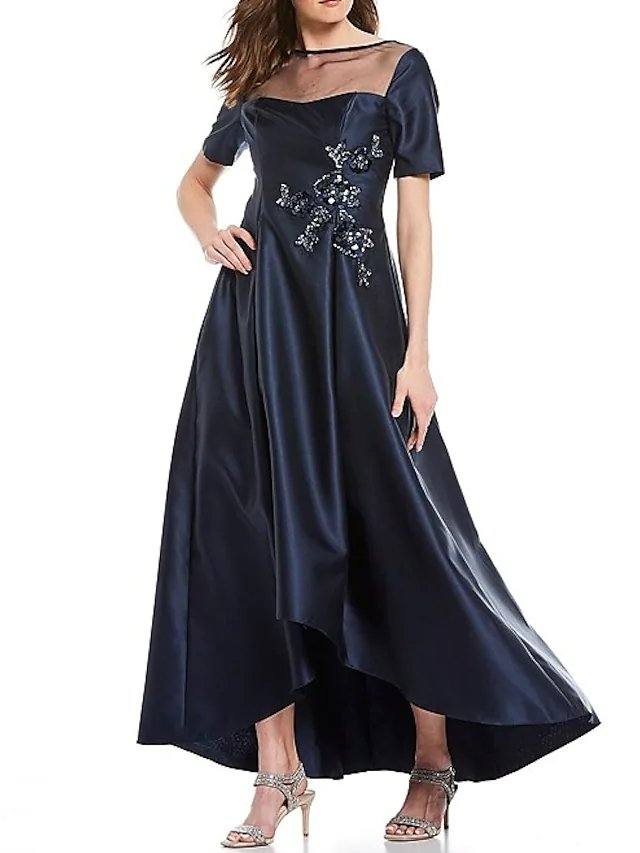 A-Line Mother of the Bride Dress Elegant Illusion Neck Asymmetrical Satin Short Sleeve with Beading Appliques - RongMoon