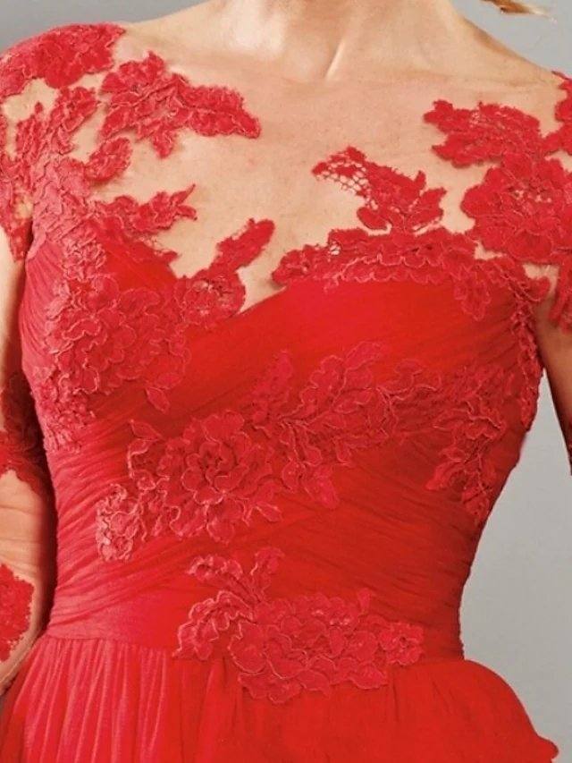 A-Line Mother of the Bride Dress Elegant Illusion Neck Floor Length Lace Tulle 3/4 Length Sleeve with Pleats Appliques - RongMoon