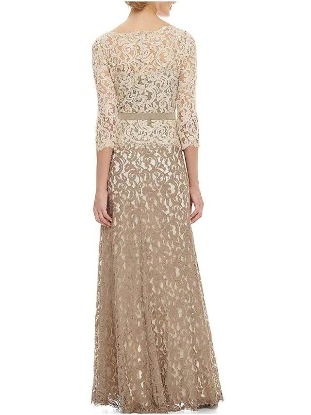 A-Line Mother of the Bride Dress Elegant Bateau Neck Floor Length Polyester 3/4 Length Sleeve with Sash / Ribbon Embroidery - RongMoon