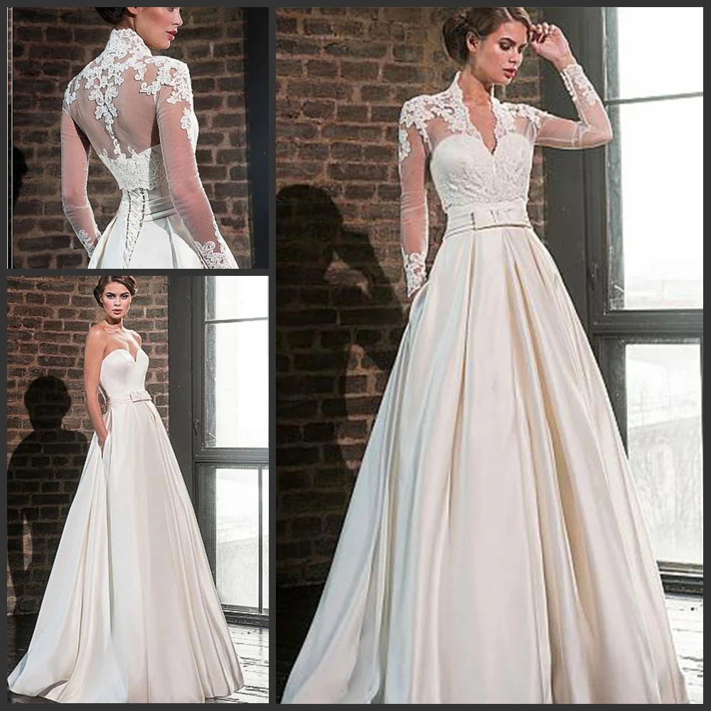 2 Pieces Sweetheart Satin Wedding Dresses A-Line Long Sleeve