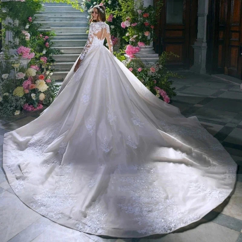 A Line High Neck Wedding Dress Long Sleeve Appliques Lace Beads