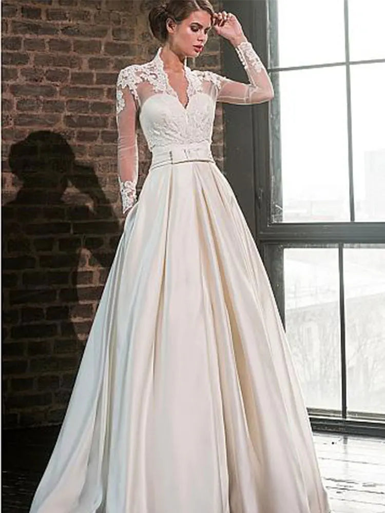 2 Pieces Sweetheart Satin Wedding Dresses A-Line Long Sleeve