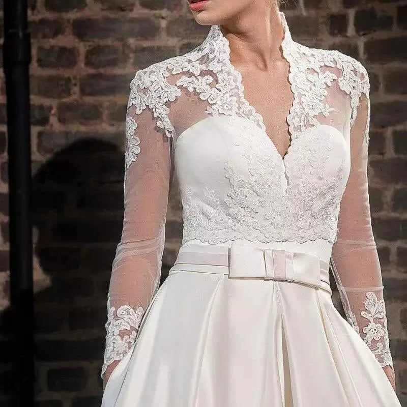 2 Pieces Sweetheart Satin Wedding Dresses A-Line Long Sleeve