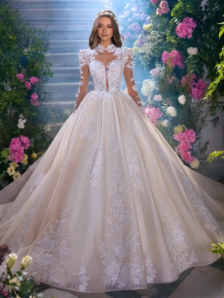 A Line High Neck Wedding Dress Long Sleeve Appliques Lace Beads