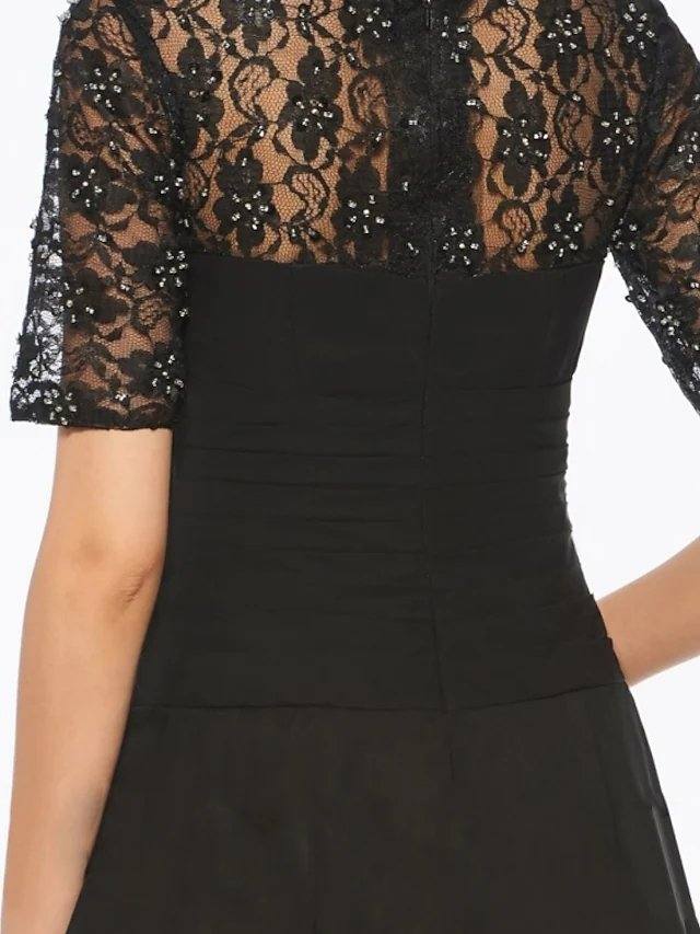 A-Line Mother of the Bride Dress Elegant Jewel Neck Knee Length Chiffon Lace Short Sleeve with Embroidery Cascading Ruffles - RongMoon