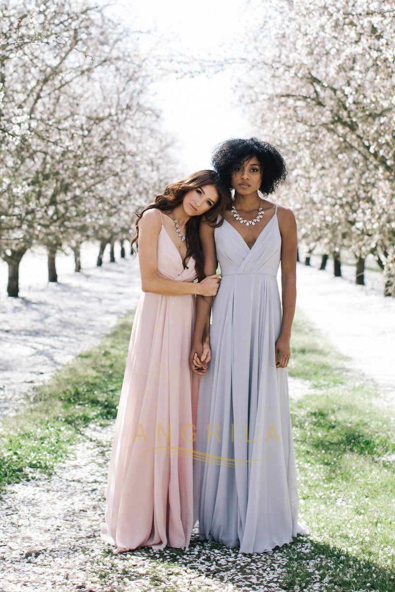 A-line Deep V-Neck Long Chiffon Bridesmaid Dresses with Spaghetti Straps