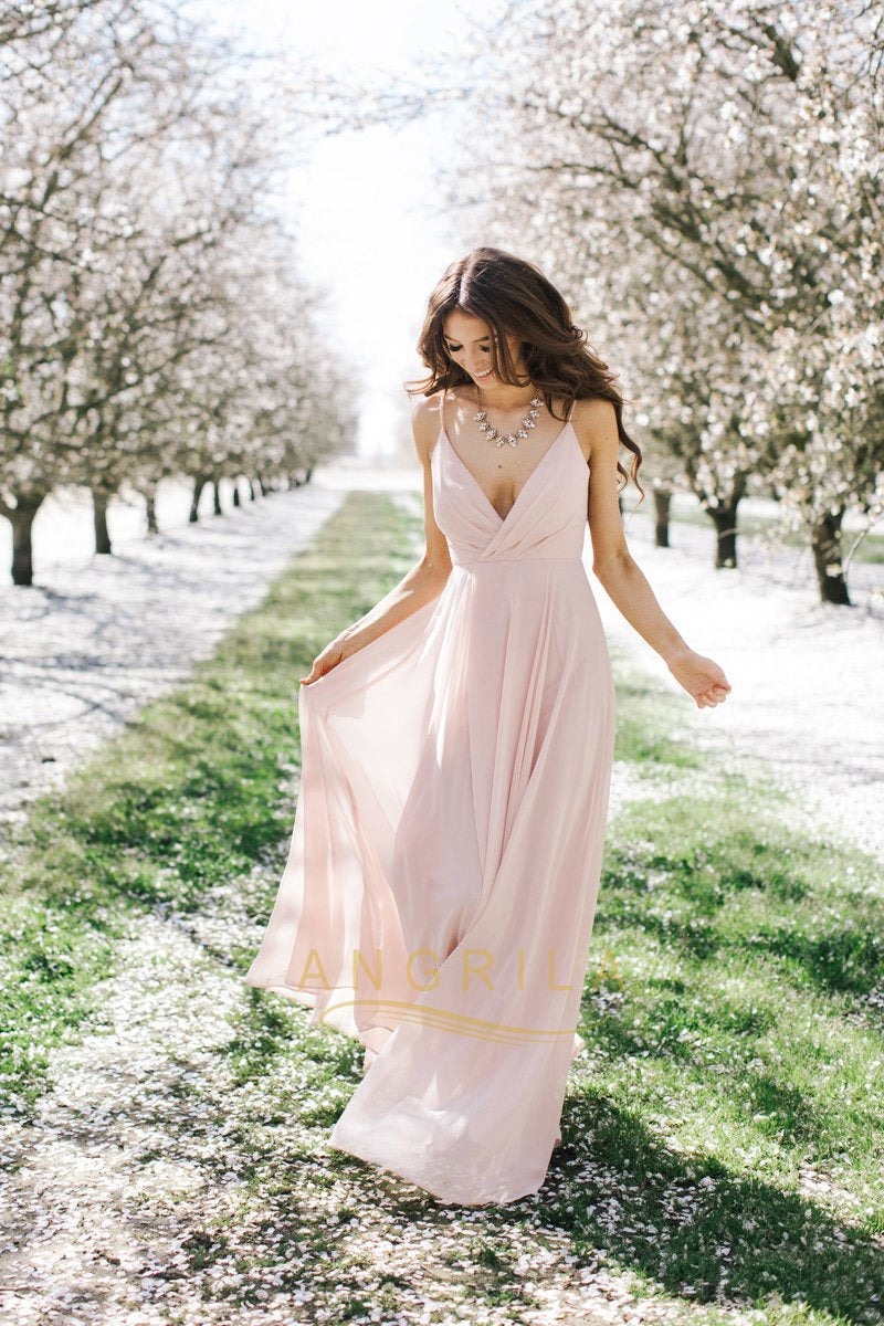 A-line Deep V-Neck Long Chiffon Bridesmaid Dresses with Spaghetti Straps