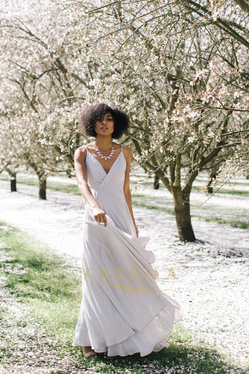 A-line Deep V-Neck Long Chiffon Bridesmaid Dresses with Spaghetti Straps