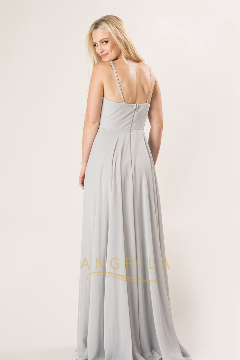 A-line Deep V-Neck Long Chiffon Bridesmaid Dresses with Spaghetti Straps