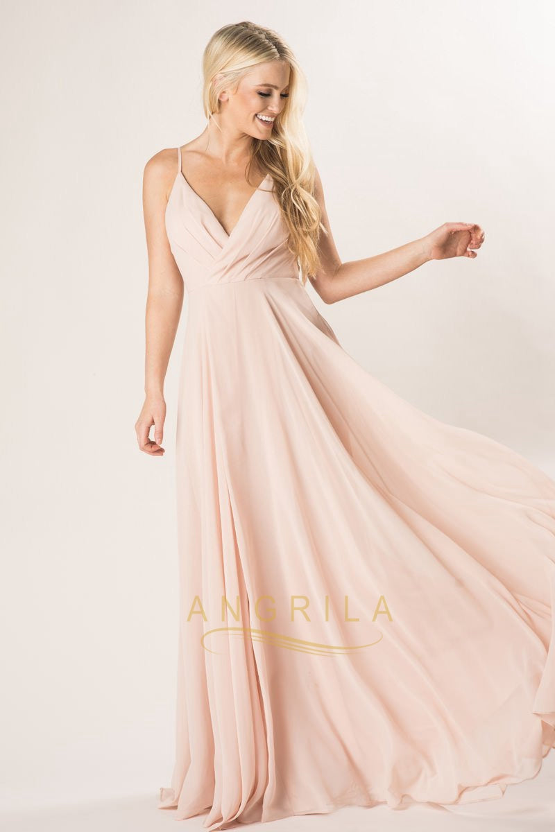 A-line Deep V-Neck Long Chiffon Bridesmaid Dresses with Spaghetti Straps