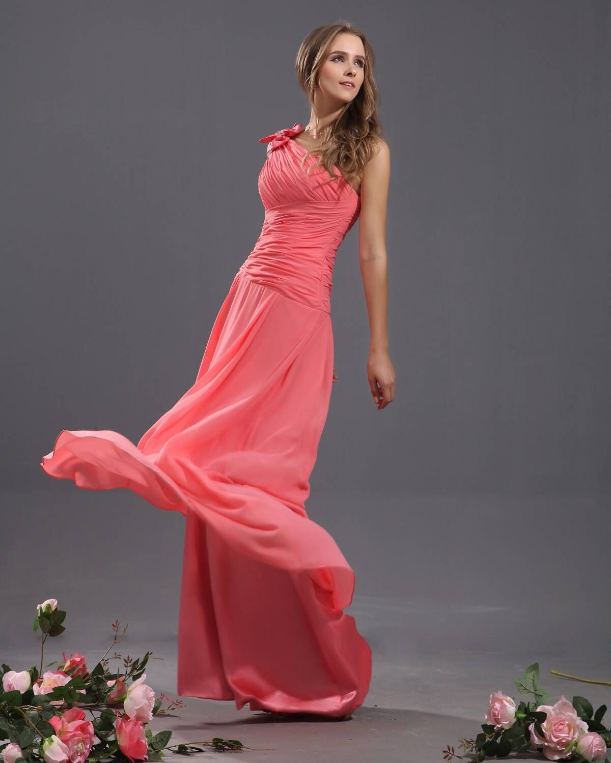 A Line One-shoulder Handmade Flower Chiffon Pleated Long Bridesmaid Dresses