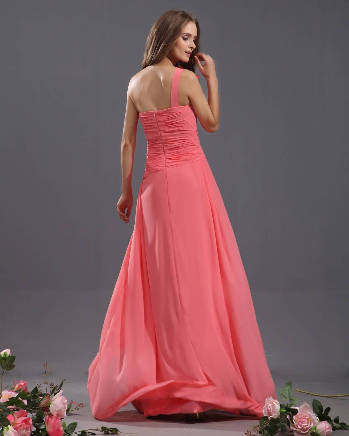 A Line One-shoulder Handmade Flower Chiffon Pleated Long Bridesmaid Dresses