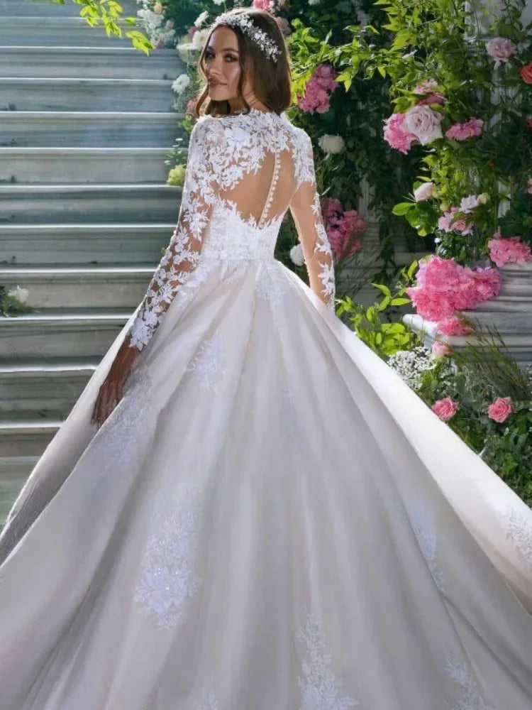 A Line High Neck Wedding Dress Long Sleeve Appliques Lace Beads