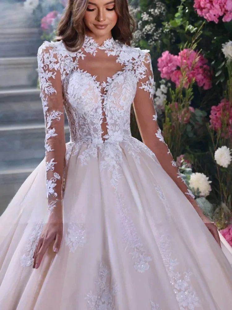 A Line High Neck Wedding Dress Long Sleeve Appliques Lace Beads
