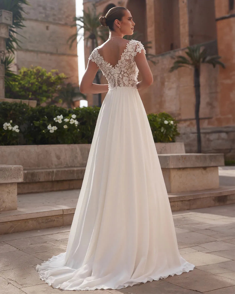 A-Line Lace Wedding Dress Brides Boho Cap Sleeve V-Neck Open Back Bridal Gown Customized