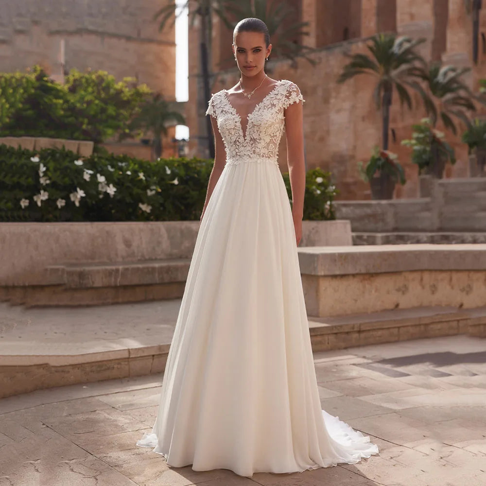 A-Line Lace Wedding Dress Brides Boho Cap Sleeve V-Neck Open Back Bridal Gown Customized