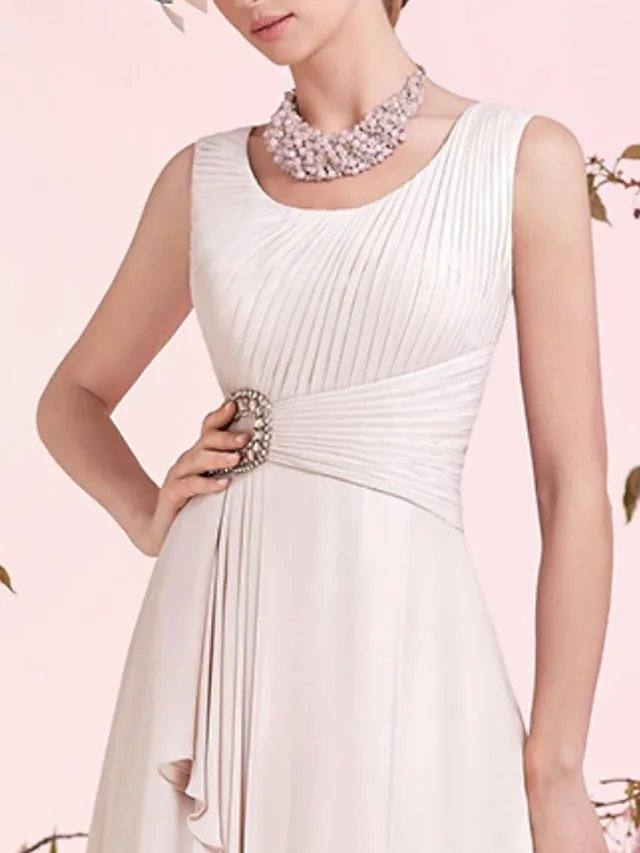 A-Line Mother of the Bride Dress Elegant Jewel Neck Knee Length Chiffon Sleeveless with Sash / Ribbon Pleats - RongMoon