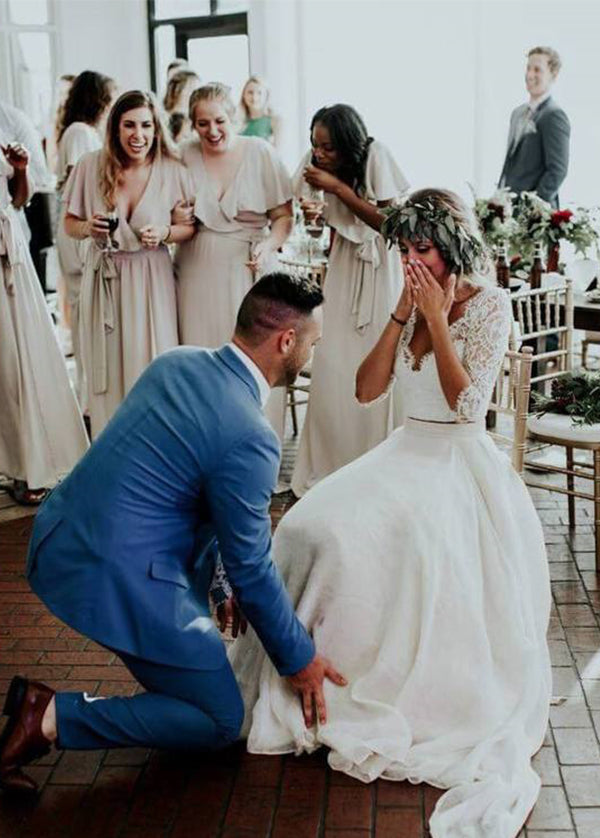 3/4 Sleeves V-neck Chiffon Lace Wedding Dress