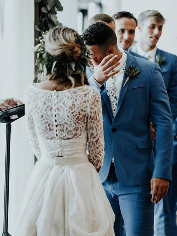 3/4 Sleeves V-neck Chiffon Lace Wedding Dress