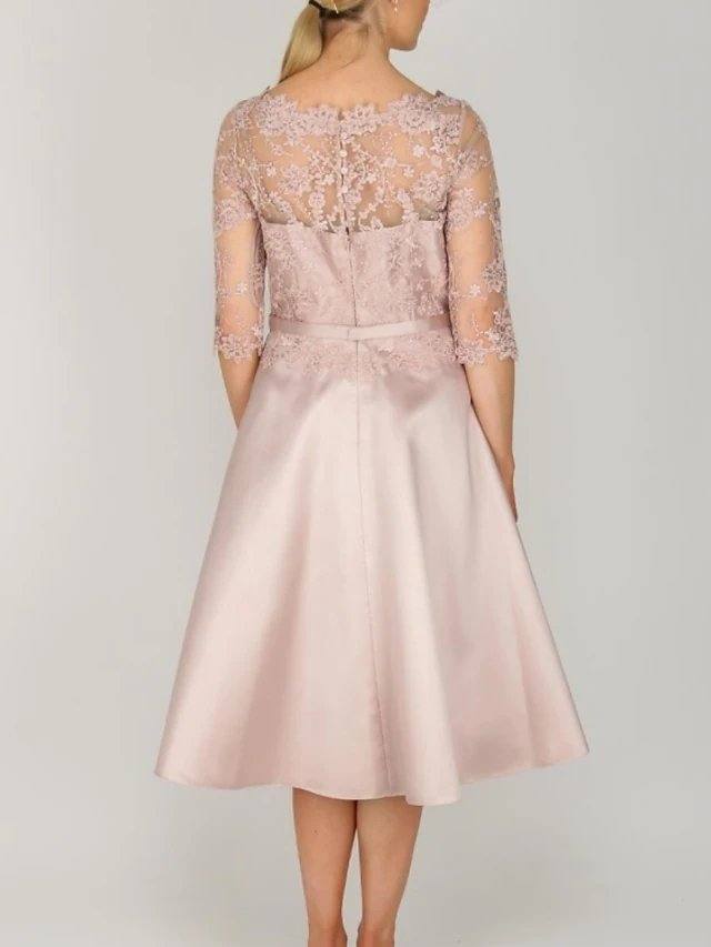 A-Line Mother of the Bride Dress Elegant Jewel Neck Tea Length Lace Satin 3/4 Length Sleeve with Embroidery - RongMoon