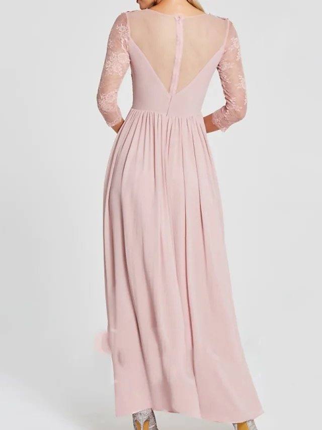 A-Line Mother of the Bride Dress Elegant Jewel Neck Floor Length Chiffon Lace 3/4 Length Sleeve with Pleats Appliques - RongMoon