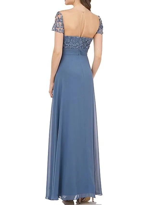 A-Line Mother of the Bride Dress Elegant Illusion Neck Floor Length Chiffon Short Sleeve with Appliques - RongMoon