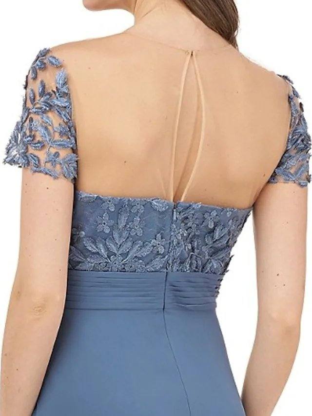 A-Line Mother of the Bride Dress Elegant Illusion Neck Floor Length Chiffon Short Sleeve with Appliques - RongMoon