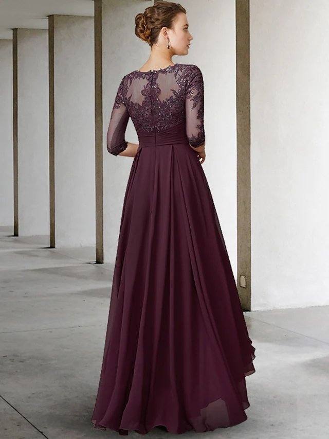 A-Line Mother of the Bride Dress Elegant Jewel Neck Asymmetrical Floor Length Chiffon Lace Half Sleeve with Pleats Appliques - RongMoon