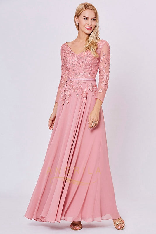 A-line Long Sleeves V-Neck Appliques Floor-Length Prom Dresses with Applique