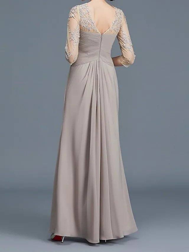 A-Line Mother of the Bride Dress Elegant Illusion Neck Floor Length Chiffon Lace 3/4 Length Sleeve with Lace Appliques Ruching - RongMoon