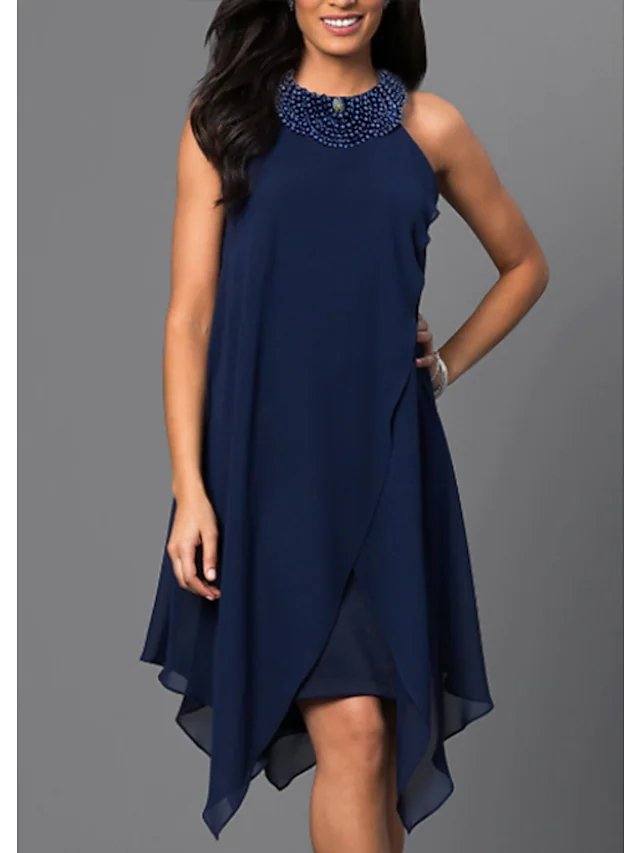 A-Line Mother of the Bride Dress Elegant Jewel Neck Knee Length Chiffon Short Sleeve with Ruching - RongMoon