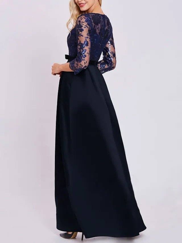 A-Line Mother of the Bride Dress Elegant Jewel Neck Floor Length Lace Satin 3/4 Length Sleeve with Sash / Ribbon Pleats Appliques - RongMoon