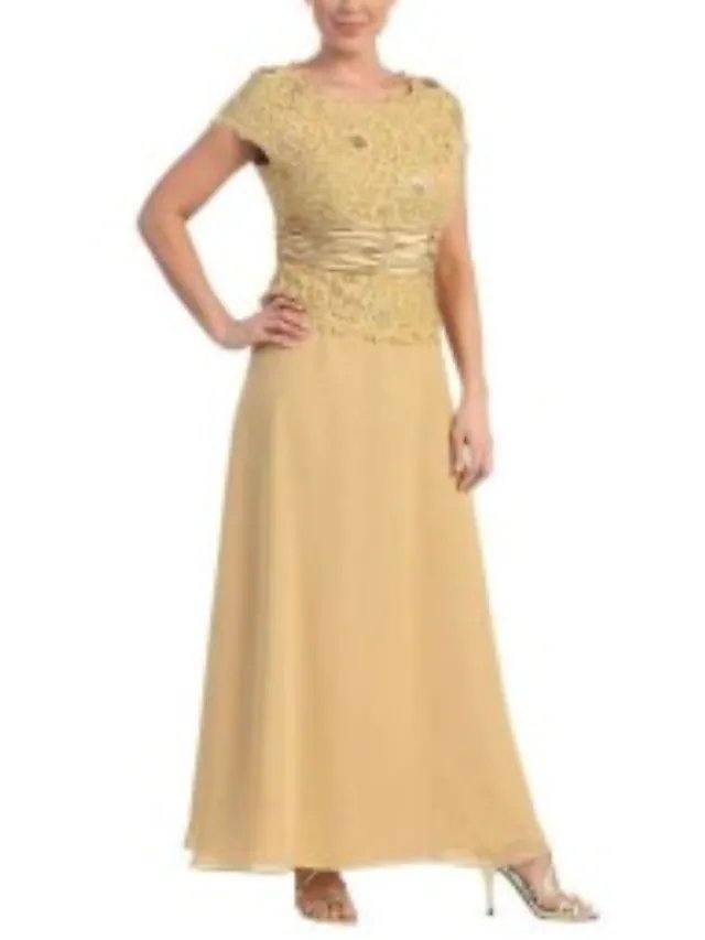 A-Line Mother of the Bride Dress Elegant Jewel Neck Ankle Length Chiffon Short Sleeve with Lace Sash / Ribbon Appliques - RongMoon