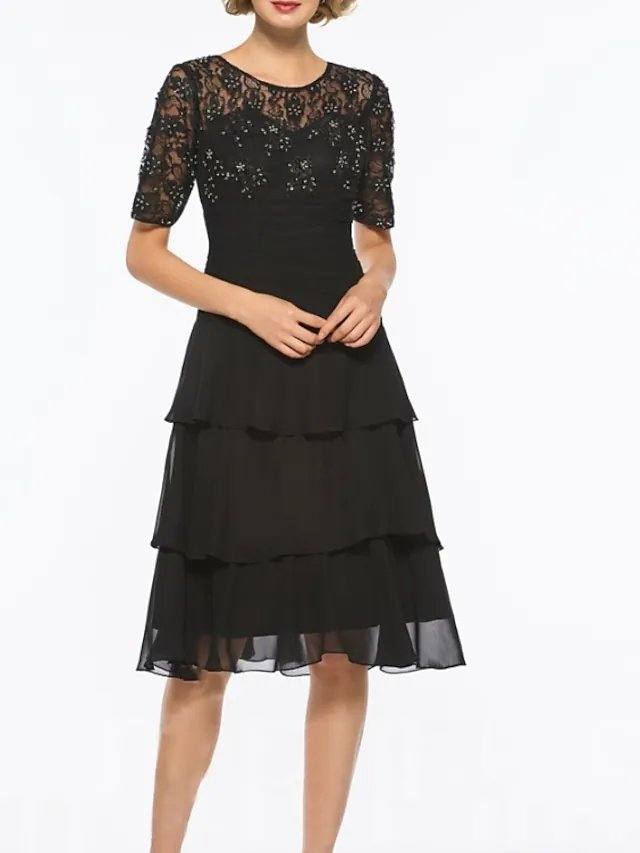A-Line Mother of the Bride Dress Elegant Jewel Neck Knee Length Chiffon Lace Short Sleeve with Embroidery Cascading Ruffles - RongMoon